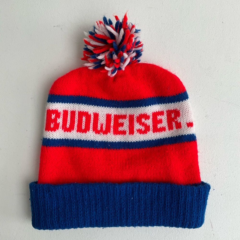 Vintage VTG Budweiser Beer Red Blue USA Pompom Stocking Cap Adult Hat Beanie